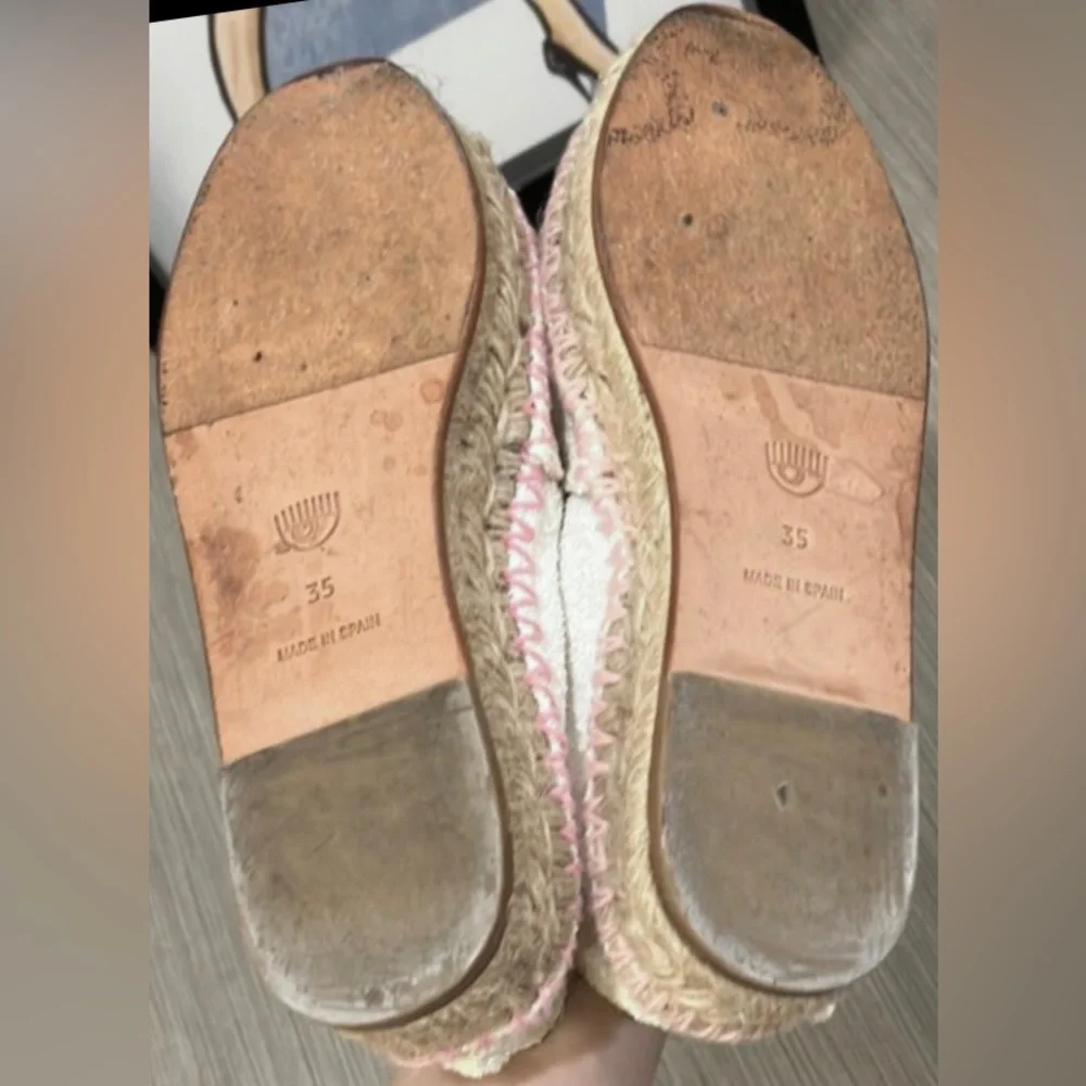 Chiara Ferragni Espadrille Jute Platforms w/ Winking Eye White  Glitter Size 5